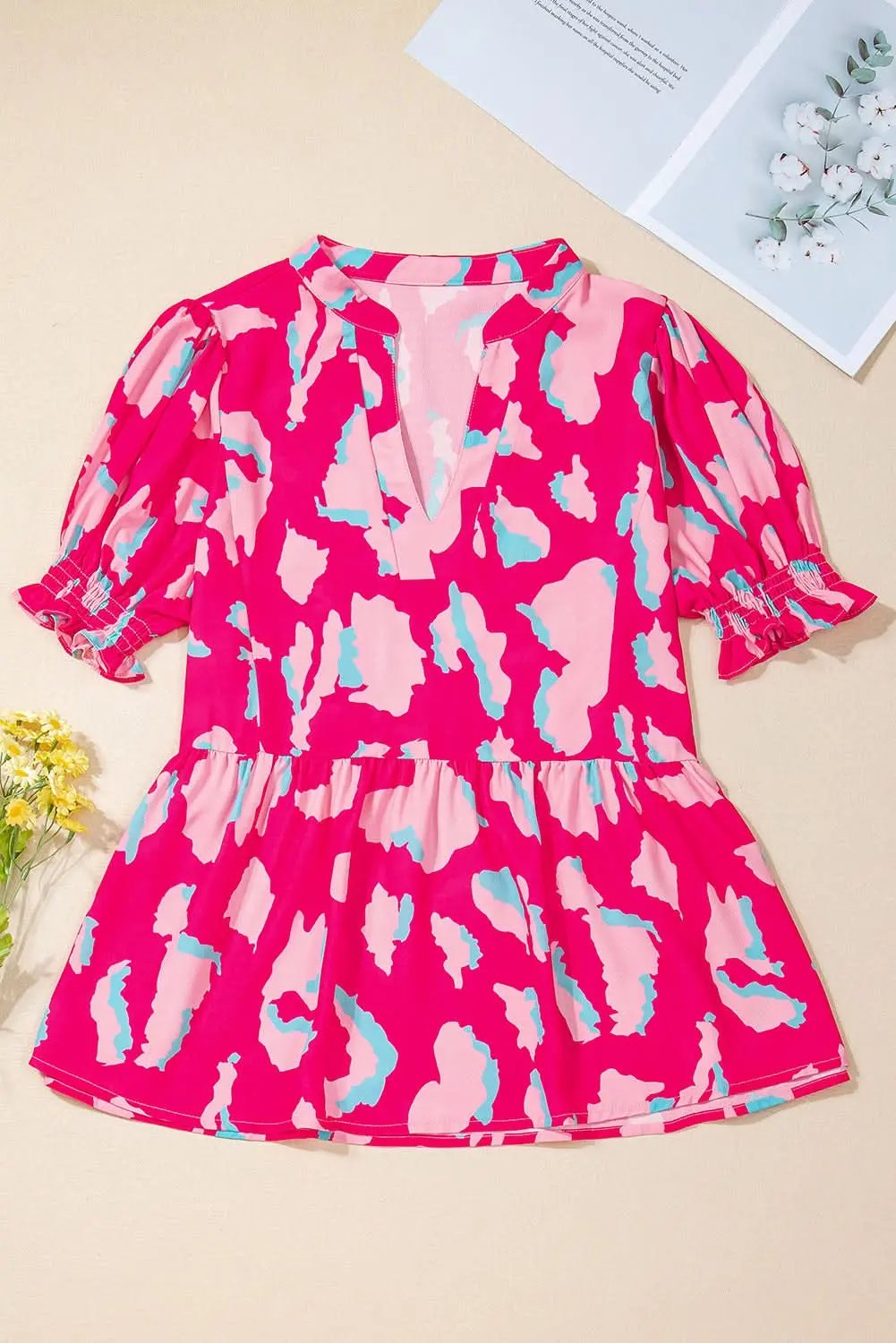 Rose Abstract Print Smocked Puff Sleeve V Neck Blouse - Love Salve